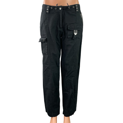 Edikted Women's Black Rivets Buckle Mid Rise Straight Leg Trousers Cargo Pants M