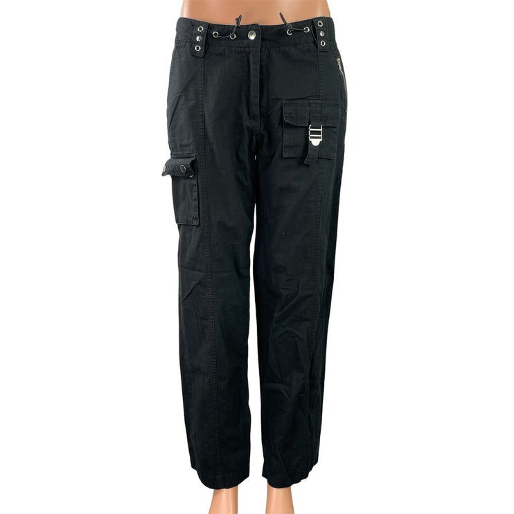 Edikted Women's Black Rivets Buckle Mid Rise Straight Leg Trousers Cargo Pants M
