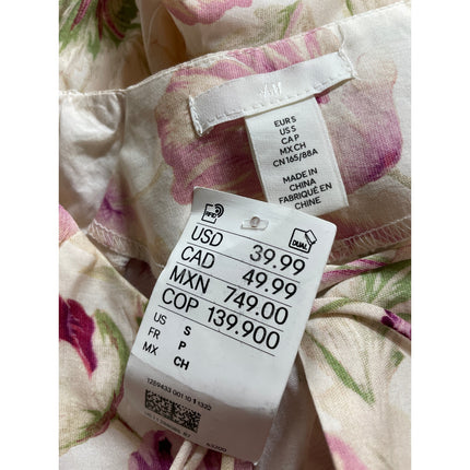 NEW H&M Cream Pink Floral Half Puff Sleeve Tie Fit & Flare Mini Dress Size S