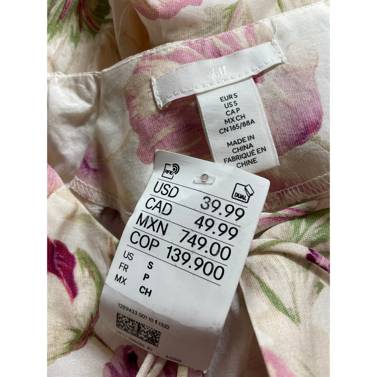 NEW H&M Cream Pink Floral Half Puff Sleeve Tie Fit & Flare Mini Dress Size S