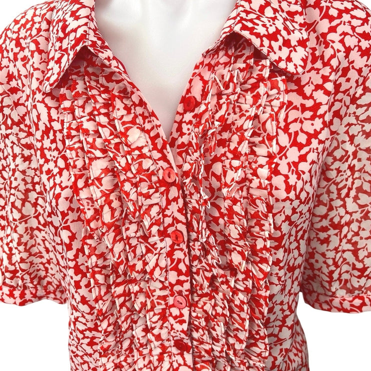 Vintage Linea by Louis Dell'Olio Red White Floral Button Up Blouse Top Size L