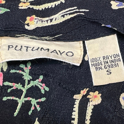 Putomayo Womens Black Floral Crinkled Short Sleeve Button Down Shirt Top Size S