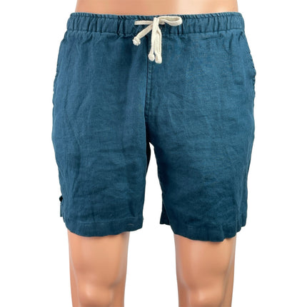 Alex Crane 100% Linen Mens Blue Elastic Waist Drawstring Casual Lounge Shorts S