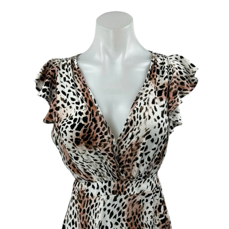 Kivari White Tan Leopard Print Short Sleeve Ruffle Fit & Flare Maxi Dress Size S