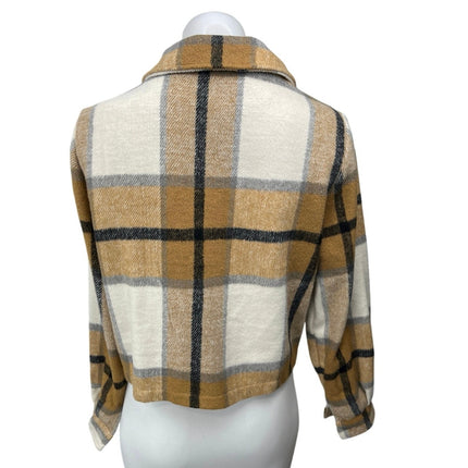Mi Ami Brown White Plaid Check Flannel Long Sleeve Button Collar Shirt Jacket M