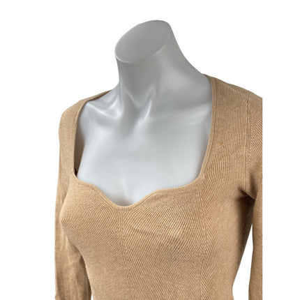 Aritzia Wilfred Womens Tan Ribbed Knit Sweetheart Long Sleeve Sweater Top Size M