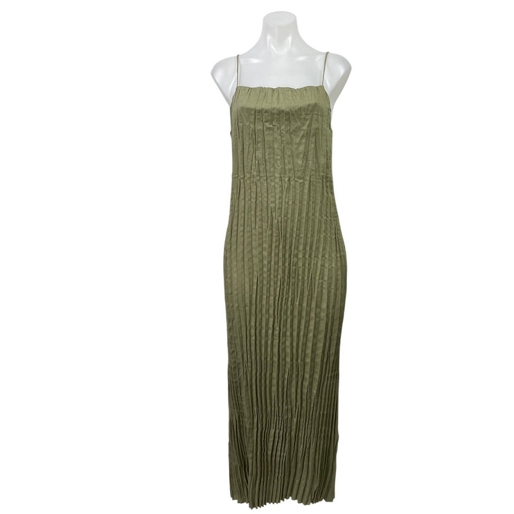 Massimo Dutti Green Linen Pleated Sleeveless Square Neck Cami Tank Maxi Dress S