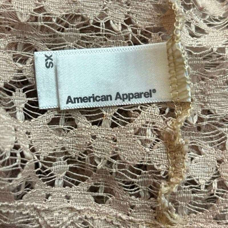 American Apparel Beige Tan Sheer Lace Puff Sleeve Boat Neck Crop Top Blouse XS