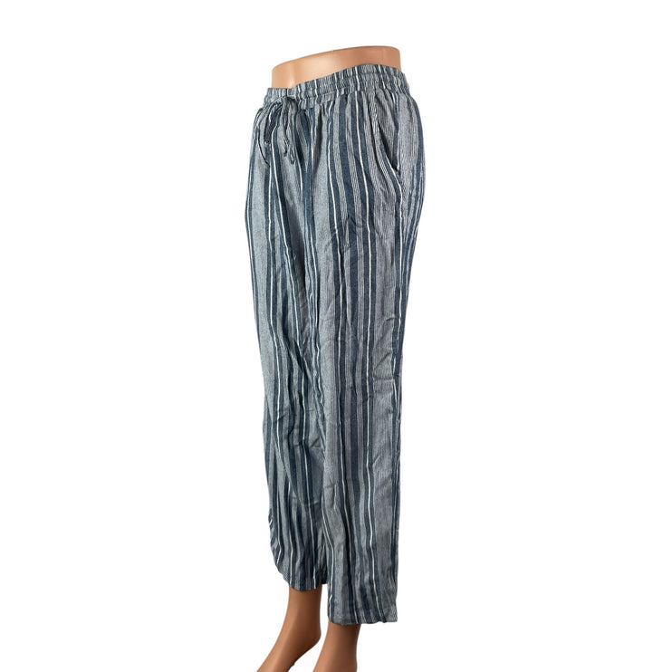 American Eagle Women's Blue Striped High Rise Tie Wide Leg Trousers Pants Size M