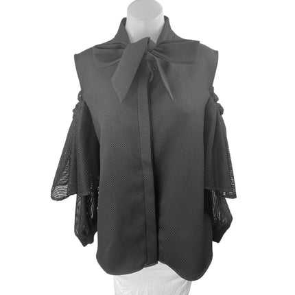Twist Turn Women's Black Bow Tie Cold Shoulder Button Down Blouse Shirt Top M/L