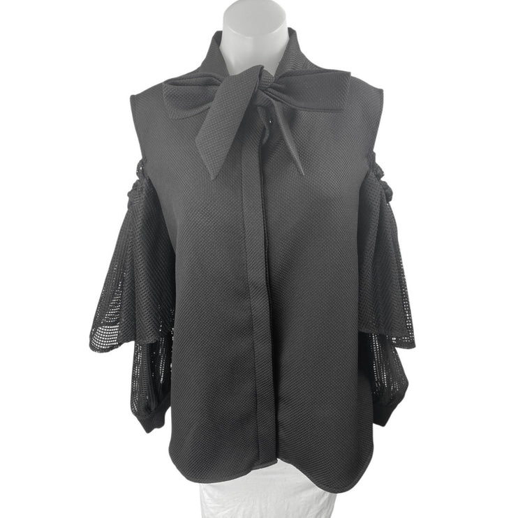 Twist Turn Women's Black Bow Tie Cold Shoulder Button Down Blouse Shirt Top M/L