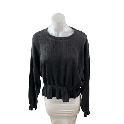 Zara Women's Black Ribbed Crew Neck Long Sleeve Sweater Peplum Blouse Top Size M