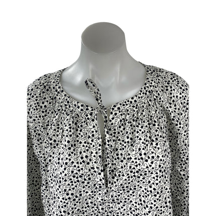 Ann Taylor Loft Black White Floral Tie Neck Long Sleeve Peasant Blouse Top Sz L