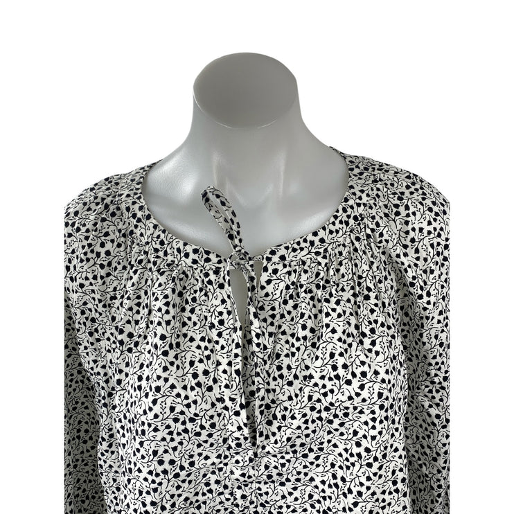 Ann Taylor Loft Black White Floral Tie Neck Long Sleeve Peasant Blouse Top Sz L