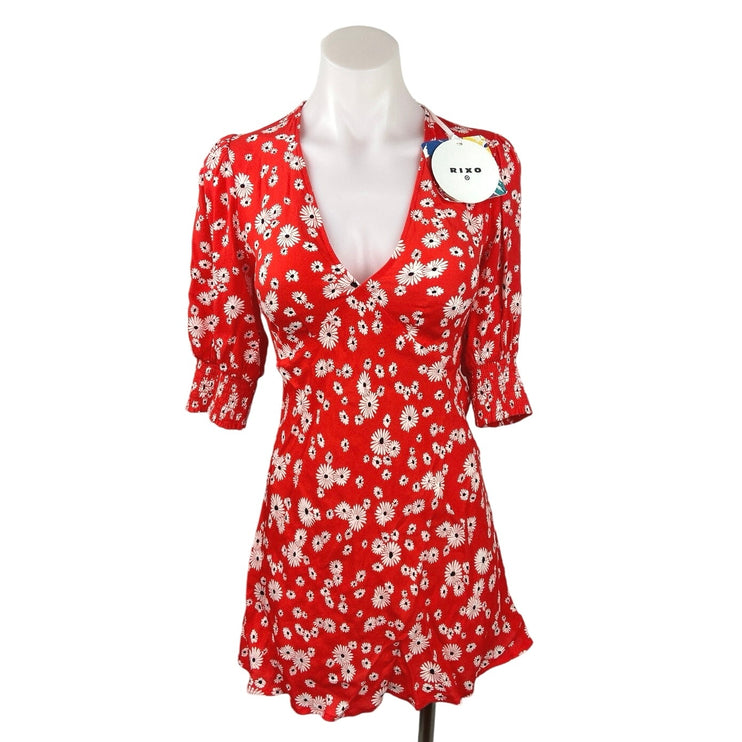 Rixo NWT Red Daisy Floral Plunging V-neck Puff Sleeve Swing Mini Dress Size 2