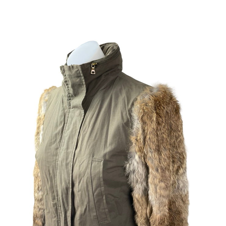 Aqua Genuine Rabbit Fur Long Sleeve Stand Collar Utility Parka Coat Jacket Sz XS