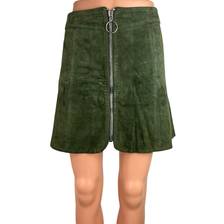 Zara Green 100% Suede Leather Zip Front Mini Casual A Line Mini Skirt Size M