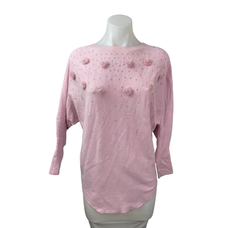 Emily Stacy Women's Pink Pompom Rhinestone Long Sleeve Sweatshirt Sweater Top M