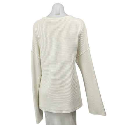 Free People White Ivory Ribbed Knit V Neck Patchwork Long Sleeve Sweater Top L