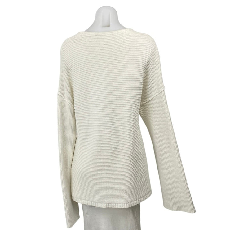 Free People White Ivory Ribbed Knit V Neck Patchwork Long Sleeve Sweater Top L