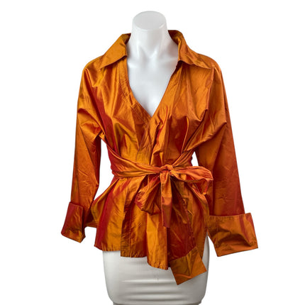 Zuzka Women's Rust Coral Silk Satin Long Sleeve Tie Waist Shirt Blouse Top OS