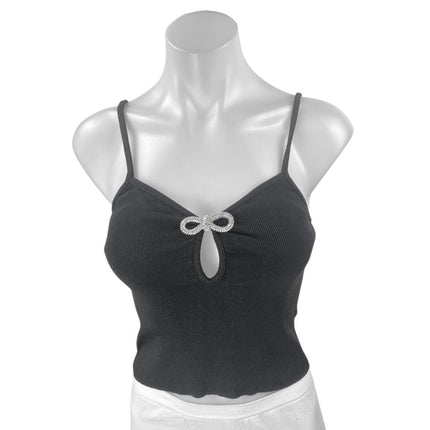 MNG Mango Black Sleeveless Ribbed Knit Bow Keyhole Cami Tank Crop Top Size S