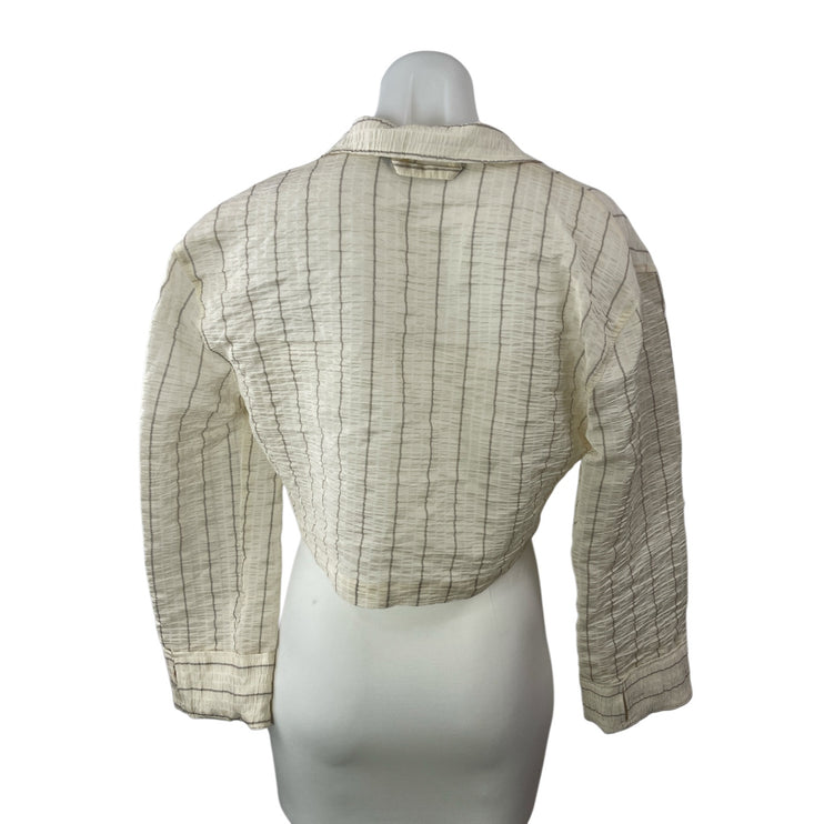 Zara Women's Cream Striped Crinkled Long Sleeve Cropped Blazer Shirt Top Size XS