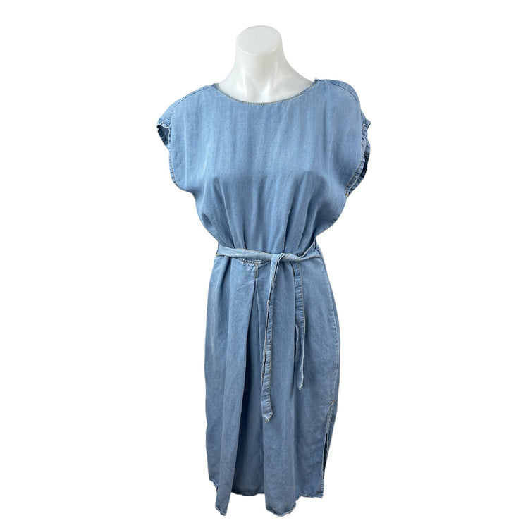Zara Women's Blue Drop Sleeve Chambray Slit Tie Open Back A Line Midi Dress Sz M