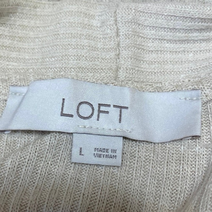 Ann Taylor LOFT Women's Cream Rib Knit V-neck Button Up Cardigan Sweater Top L