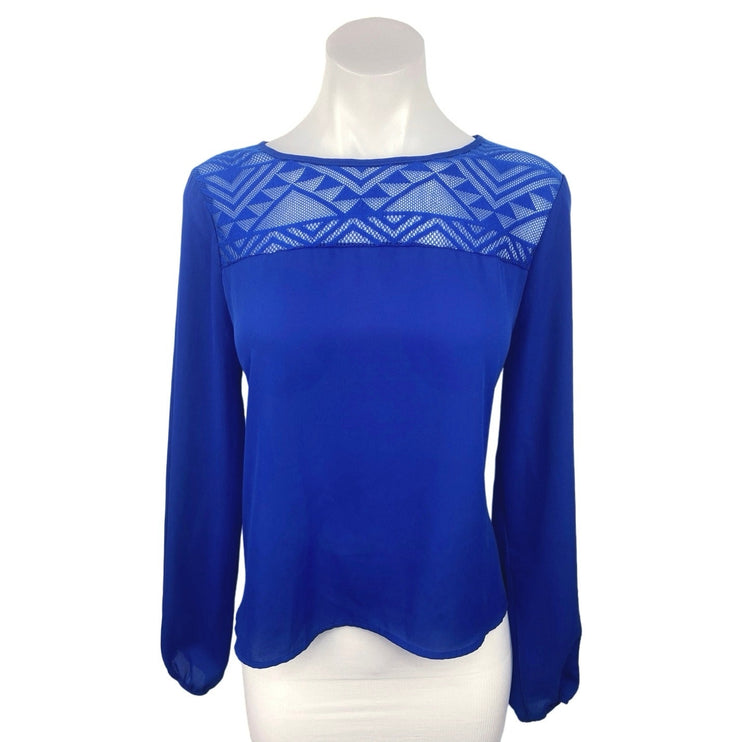 Meraki Blue Mesh Panel Crew Neck Long Sleeve Relaxed Fit Curved Hem Blouse Sz M