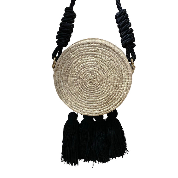 Women's Beige Fringe Tassel Rope Strap Crossbody Straw Summer Round Handbag OS