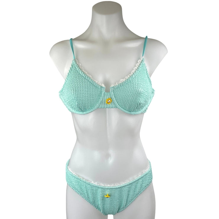 Women's Green Textured Lace Trim Two Piece Swimsuit Swimwear Bikini Set Size M