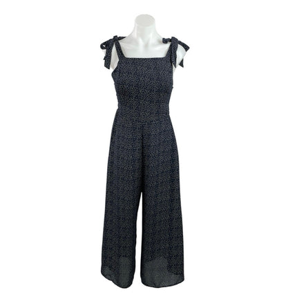 Women's Black Tie Strap Sleeveless Dots Square Neck Wide Leg Jumpsuit Size M