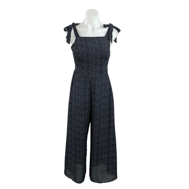 Women's Black Tie Strap Sleeveless Dots Square Neck Wide Leg Jumpsuit Size M