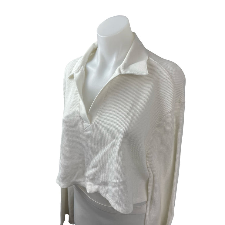 The Range Stark Waffle Womens White Collared Long Sleeve Crop Polo T-Shirt Top S