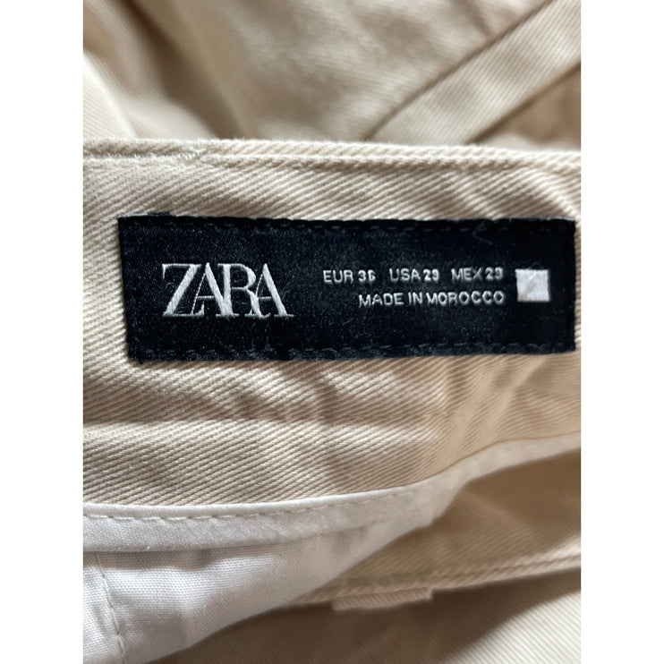Zara Womens Beige Pleated Chino Carrot Barrel Baggy Wide Leg Trouser Pants Sz 29