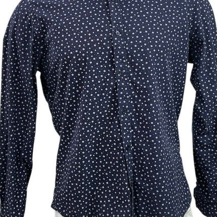 Zara Men's Navy Blue Long Sleeve Slim Fit Printed Button Down Shirt To Size L