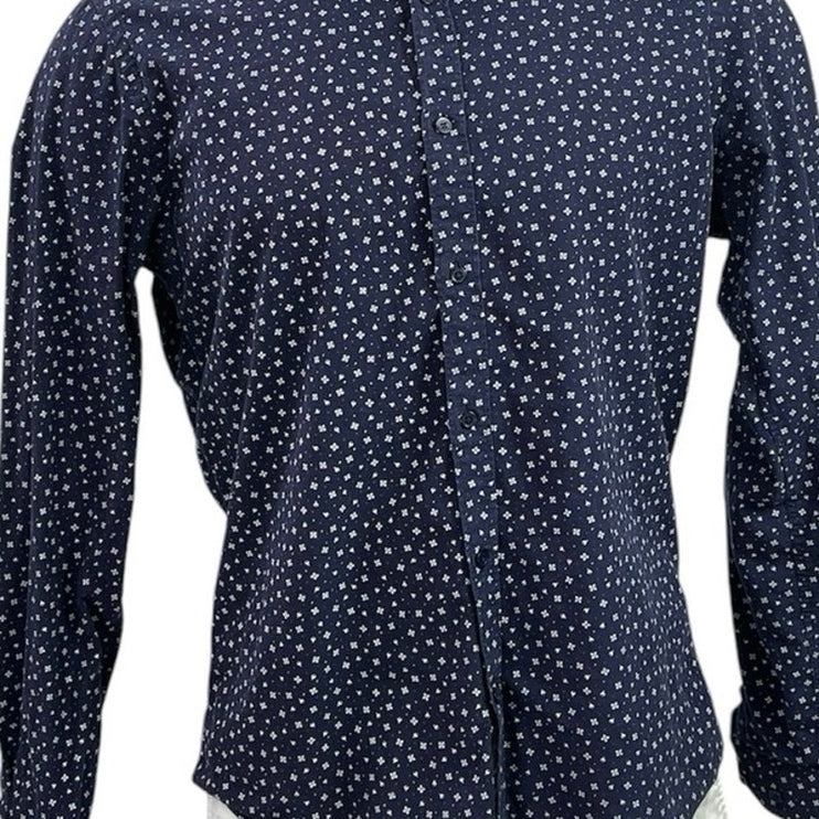 Zara Men's Navy Blue Long Sleeve Slim Fit Printed Button Down Shirt To Size L