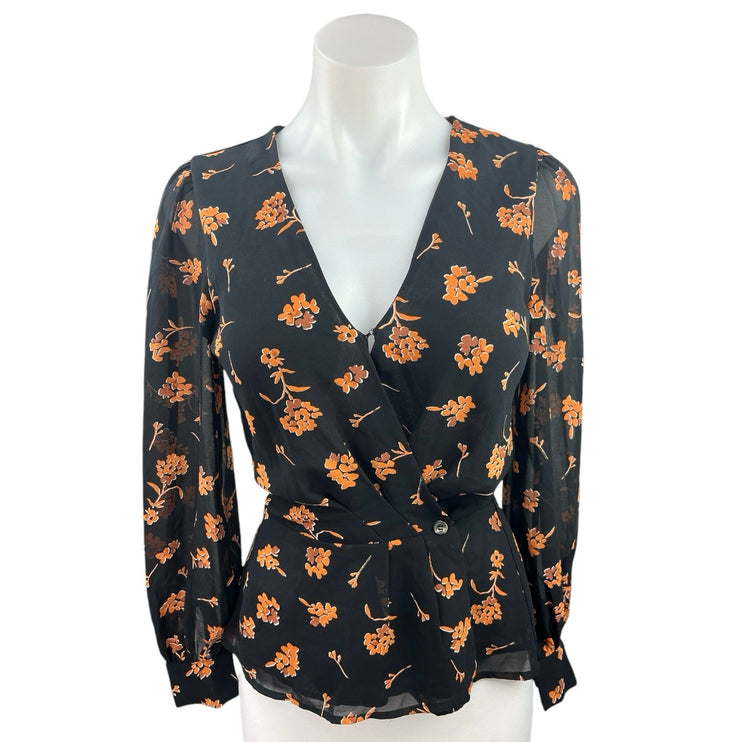 ASTR The Label Black Orange Floral Long Sleeve Button Wrap Blouse Top Size XS