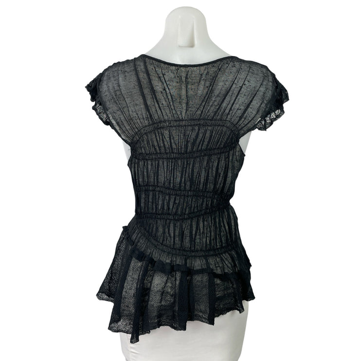 By Anthropologie Black Sheer Smocked Ruffled Asymmetrical Blouse Top Size S