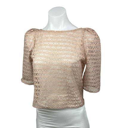 American Apparel Beige Tan Sheer Lace Puff Sleeve Boat Neck Crop Top Blouse XS