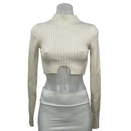 Edikted Women's Cream Mock Neck Ribbed Knit Long Sleeve Crop Top Size XS/S