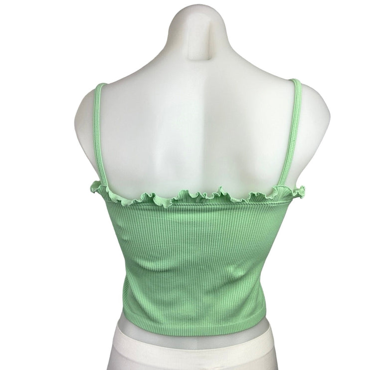 Zara Green Ruffle Ribbed Knit Spaghetti Strap Square Neck Crop Top Size M/L