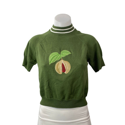 Fe Noel Nutmeg Womens Green Short Sleeves Embroidered Knit Sweater Mock Top Sz S