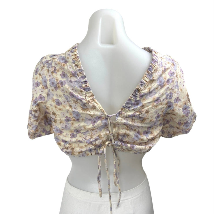 H&M Multicolor Floral Linen Short Puff Sleeve Tie Back Crop Blouse Top Size L