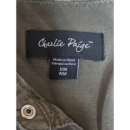 Charlie Paige Women's Olive Green 3/4 Sleeve Button Down Mini Shirt Dress Sz S