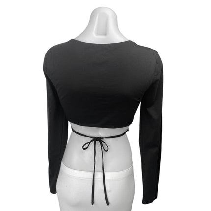 Superdown Womens Black Long Sleeve Deep V-Neck Stretch Tie Waist Crop Top Size S