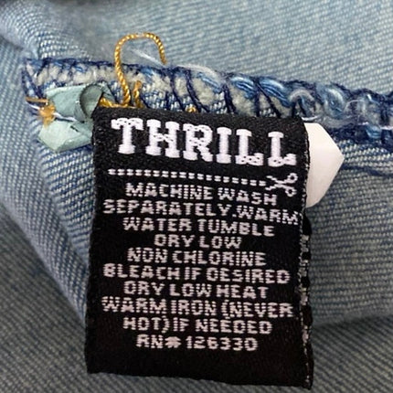 Thrill Women Blue Black Patchwork Colorblock Denim Jeans Frayed Tshirt Tee Top M