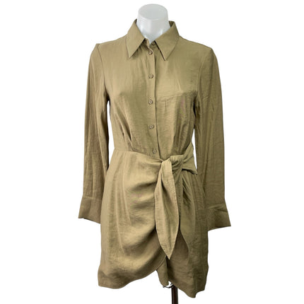 & Other Stories Olive Green Long Sleeve Tie Waist Wrap Mini Shirt Dress Size 2