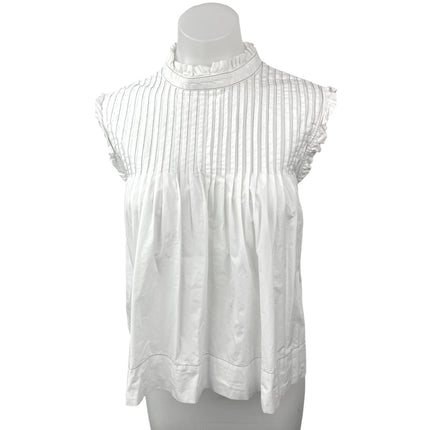 Ganni White Pintucked Ruffle Mock Neck Back Button Up Babydoll Blouse Top Size 8